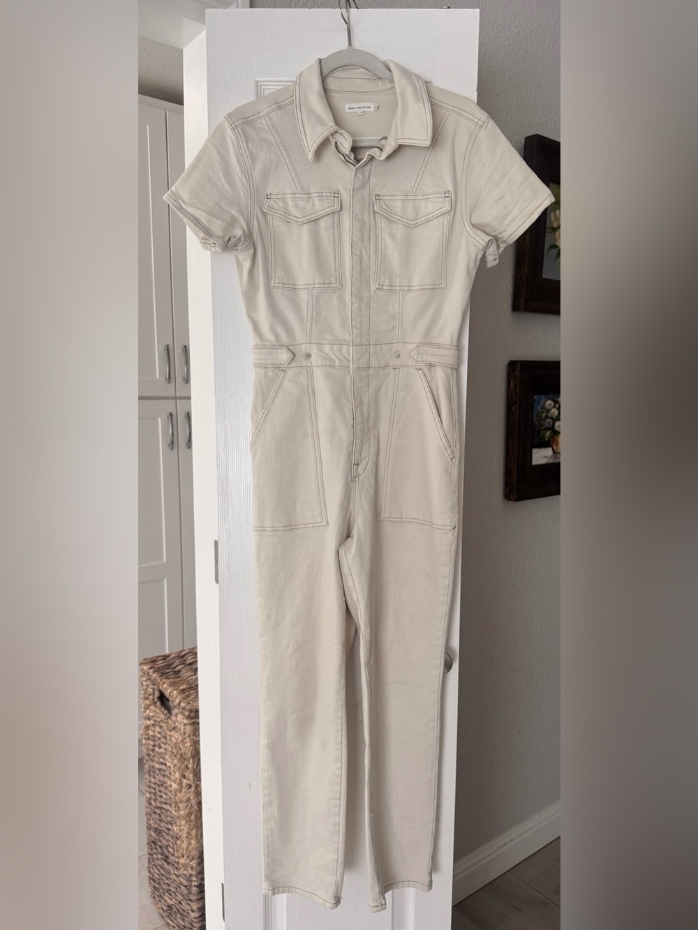 Good American Cream Short-Sleeve Denim Jumpsuit - Picture 3 of 5
